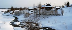 Preview wallpaper winter, snow, house, small river, bushes, tranquillity