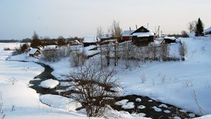 Preview wallpaper winter, snow, house, small river, bushes, tranquillity