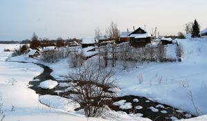 Preview wallpaper winter, snow, house, small river, bushes, tranquillity