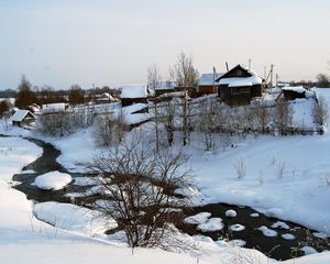 Preview wallpaper winter, snow, house, small river, bushes, tranquillity