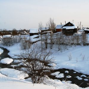 Preview wallpaper winter, snow, house, small river, bushes, tranquillity