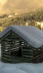 Preview wallpaper winter, snow, house, construction, forest, spruce, trees, logs