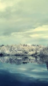 Preview wallpaper winter, snow, lake, reflection, hoarfrost, trees, coast, mirror, cold