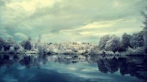 Preview wallpaper winter, snow, lake, reflection, hoarfrost, trees, coast, mirror, cold