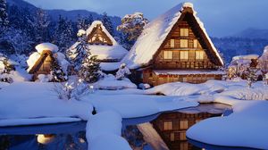 Preview wallpaper winter, snow, lodges, lake, light, reflection, japan