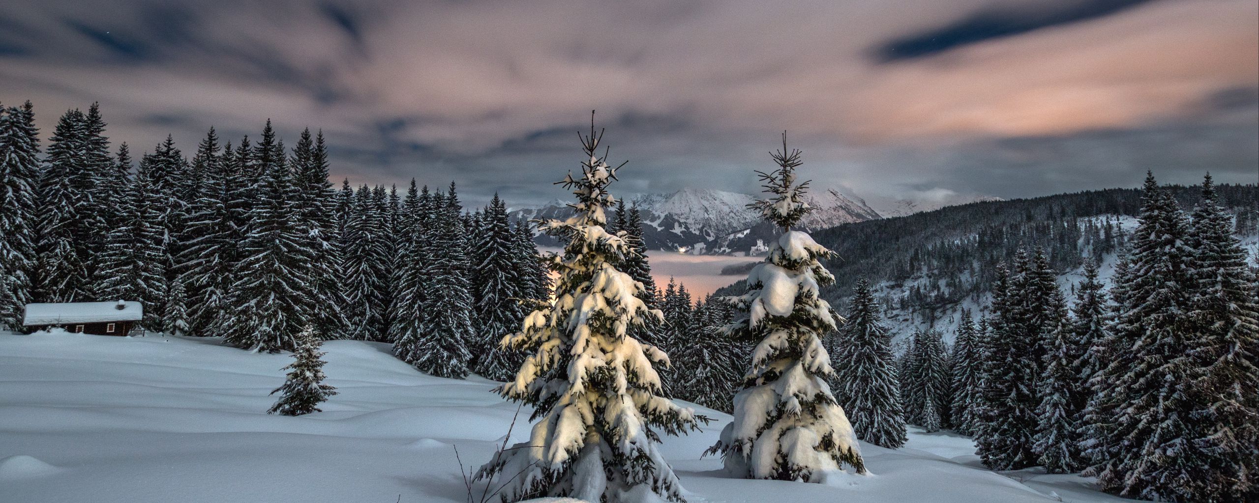 2560x1024 Wallpaper winter, snow, mountains, sunset, fir trees