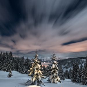 Preview wallpaper winter, snow, mountains, sunset, fir trees