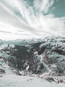 Preview wallpaper winter, snow, mountains, aerial view, dolomites, italy, sky, clouds