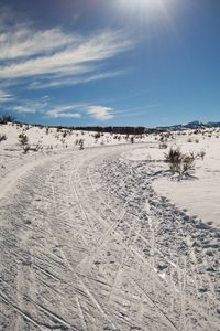 Preview wallpaper winter, snow, road, trees, sky, summer