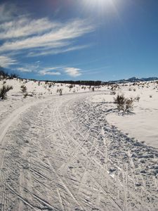 Preview wallpaper winter, snow, road, trees, sky, summer