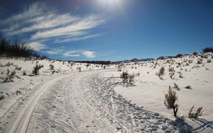 Preview wallpaper winter, snow, road, trees, sky, summer