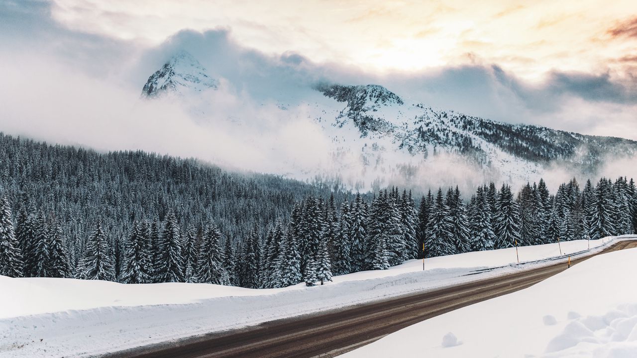 Wallpaper winter, snow, road, mountains, fog