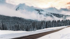 Preview wallpaper winter, snow, road, mountains, fog