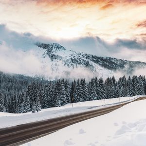 Preview wallpaper winter, snow, road, mountains, fog
