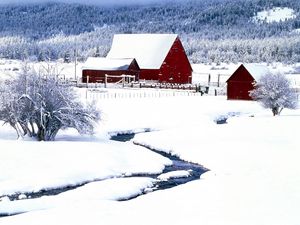 Preview wallpaper winter, snow, snowdrifts, structures, stream, bushes