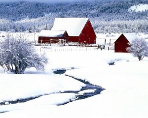 Preview wallpaper winter, snow, snowdrifts, structures, stream, bushes