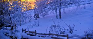 Preview wallpaper winter, snow, sunset, fence, sky, trees