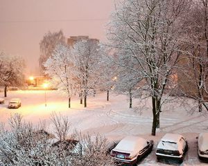 Preview wallpaper winter, snow, yard, car, trees, lamps, light