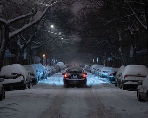 Preview wallpaper winter, street, car, movement, night, branches, trees