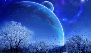 Preview wallpaper winter, trees, birds, planets, stars