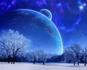 Preview wallpaper winter, trees, birds, planets, stars