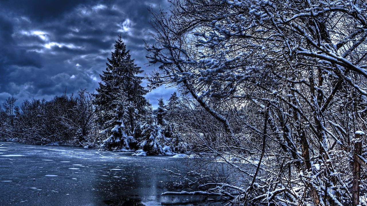 Wallpaper winter, trees, river, lake, snow, ice, hdr
