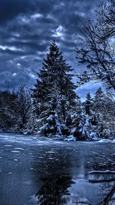 Preview wallpaper winter, trees, river, lake, snow, ice, hdr