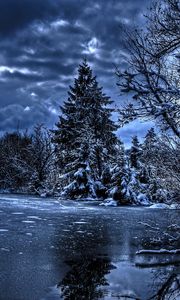 Preview wallpaper winter, trees, river, lake, snow, ice, hdr