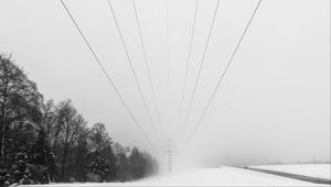 Preview wallpaper wires, pole, electricity, snow, winter, trees
