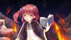Preview wallpaper witch, book, spear, fire, anime, art