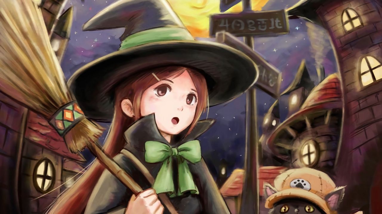 Wallpaper witch, hat, broom, anime