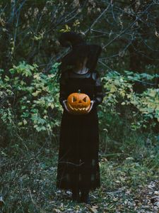 Preview wallpaper witch, hat, pumpkin, halloween, forest