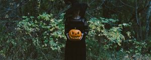 Preview wallpaper witch, hat, pumpkin, halloween, forest