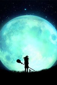 Preview wallpaper witch, silhouette, moon, full moon, night, art