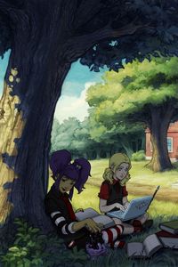 Preview wallpaper witches school, girls, magic, books, wood