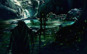 Preview wallpaper wizard, cave, water, light, silhouettes, art, fantasy