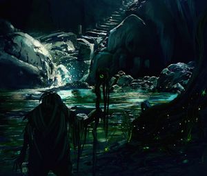 Preview wallpaper wizard, cave, water, light, silhouettes, art, fantasy