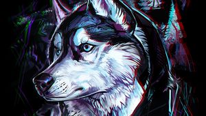 Preview wallpaper wolf, art, glitch, head, trees, lines