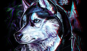 Preview wallpaper wolf, art, glitch, head, trees, lines