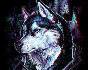 Preview wallpaper wolf, art, glitch, head, trees, lines