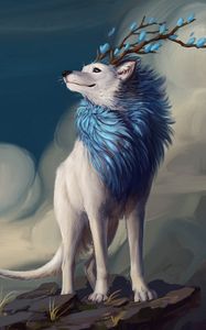 Preview wallpaper wolf, art, horns, mane, flowers