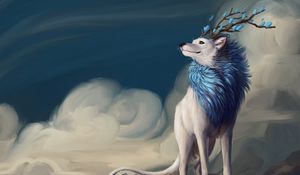 Preview wallpaper wolf, art, horns, mane, flowers
