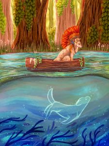 Preview wallpaper wolf, boat, art, river