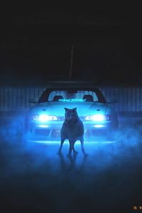Preview wallpaper wolf, car, neon, light, smoke