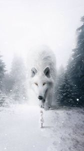 Preview wallpaper wolf, child, photoshop, white, snow, fog