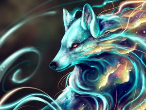 Preview wallpaper wolf, creature, fantastic, art, space