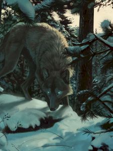 Preview wallpaper wolf, forest, snow, art, predator, trees