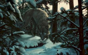 Preview wallpaper wolf, forest, snow, art, predator, trees