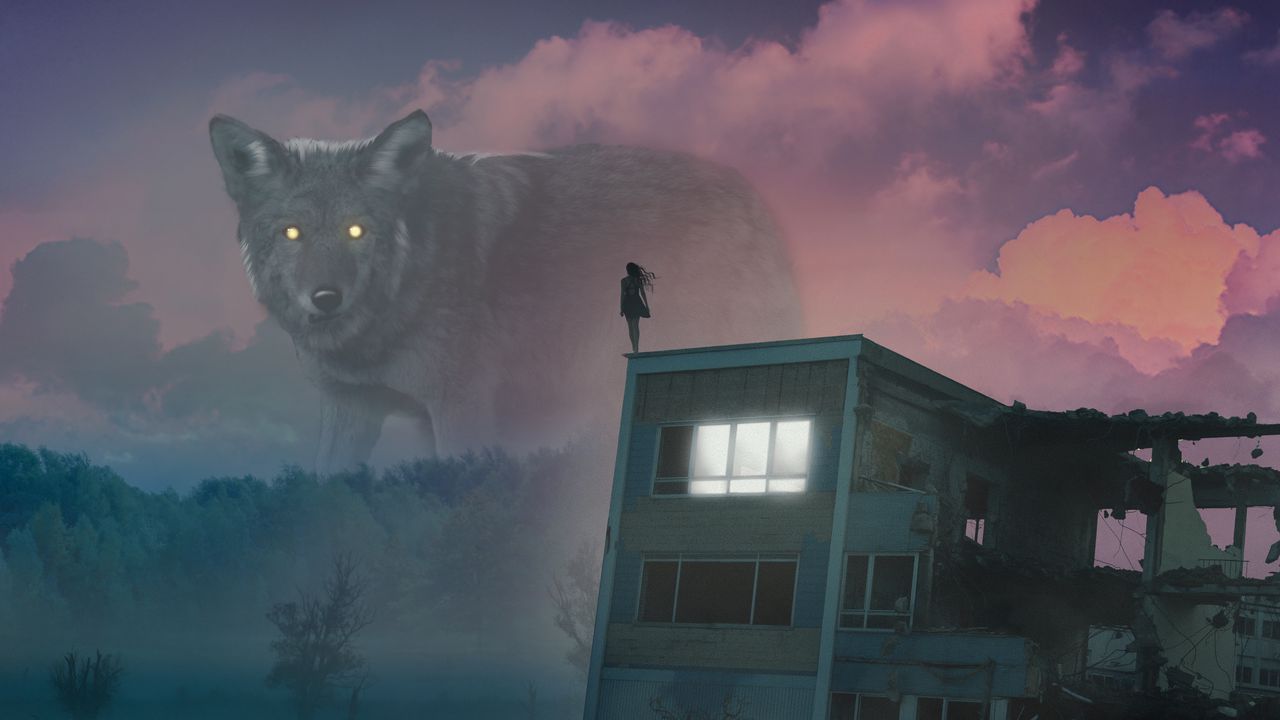 Wallpaper wolf, giant, girl, roof, fog, illusion