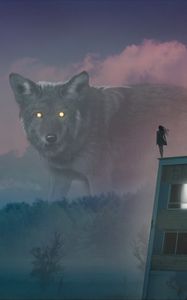 Preview wallpaper wolf, giant, girl, roof, fog, illusion